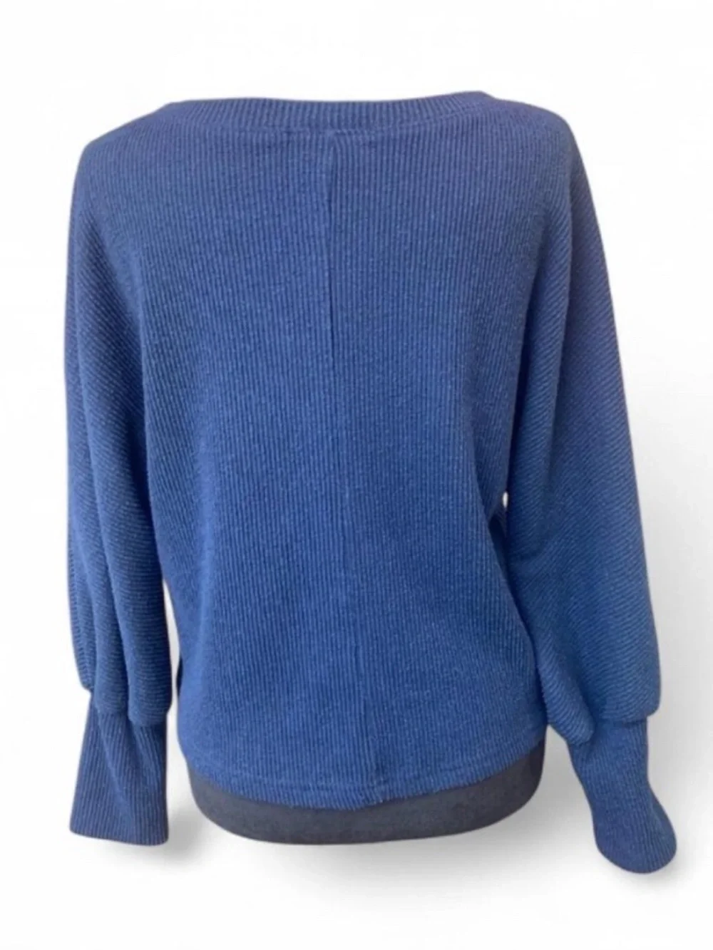 Preppy Slouchy Cozy Dark Blue Ribbed V-Neck Sweater with Dolman Sleeves